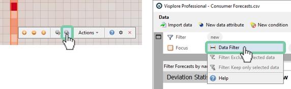 Options to Set a Filter (Left: Setting a Filter in the Hover Menu, Right: Using the Filter Menu)