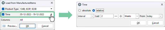 Example: Access dialog from manufacturing with relative time filter