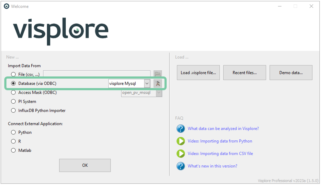 Welcome dialog database selection