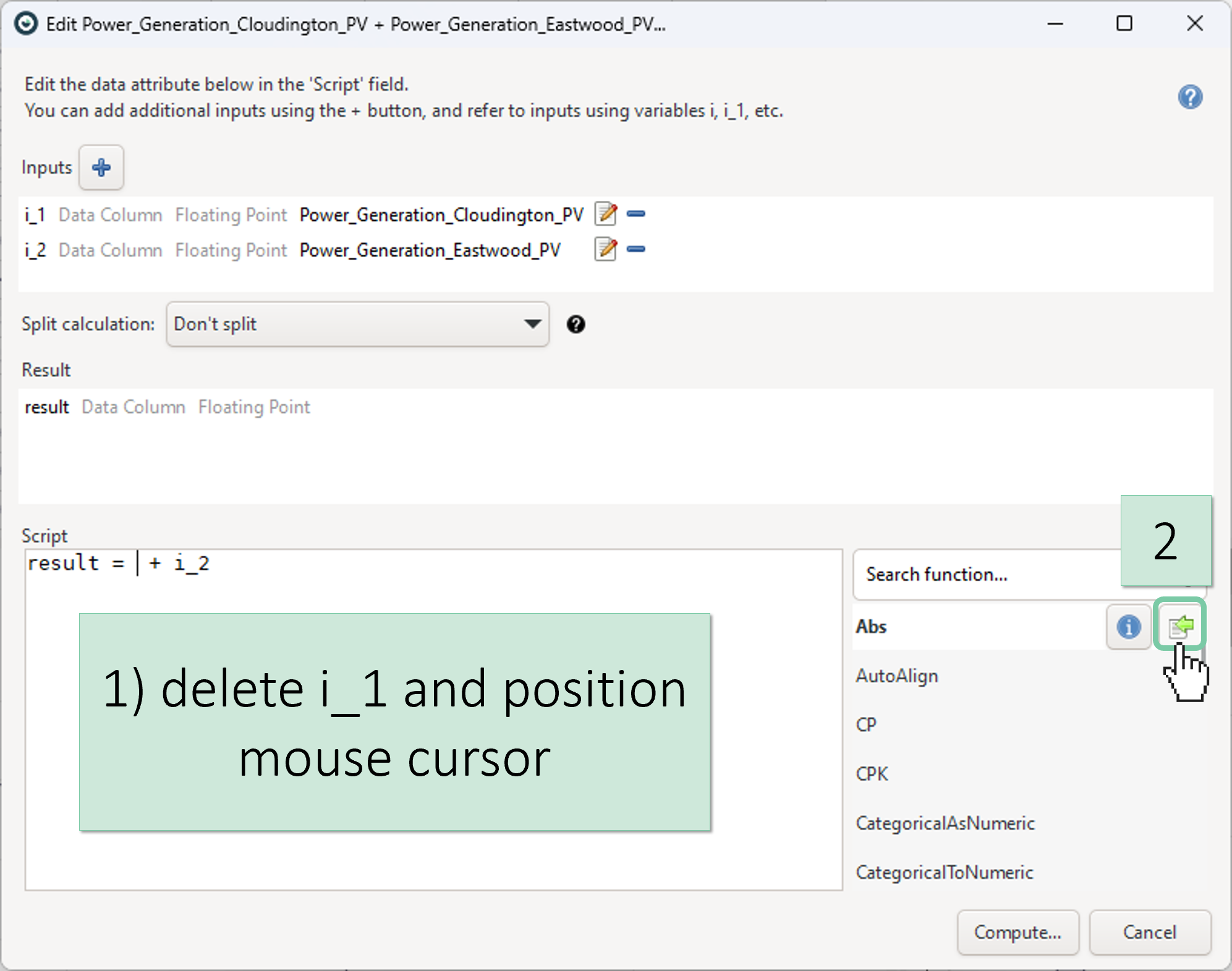 Use functions in Visplore formula editor